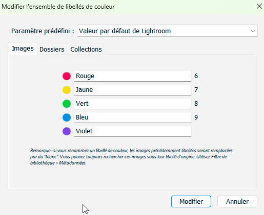 Libellé de couleurs de Lightroom Classic par défaut