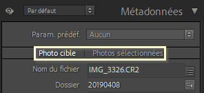 Métadonnées, photo cible et photos sélectionnées dans Lightroom Classic