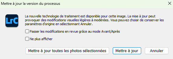 Mettre à jour la version du processus dans Lightroom Classic