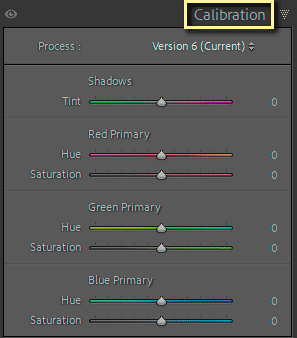 Panneau Calibration dans la version Anglaise de Lightroom Classic
