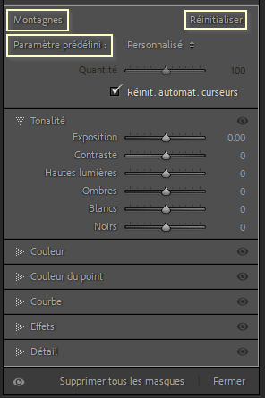Panneaux de réglages de masque dans Lightroom Classic