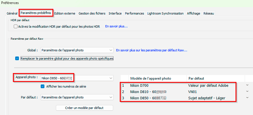 Gestion des paramètres prédéfinis d'étalonnage de boitier dans Lightroom Classic