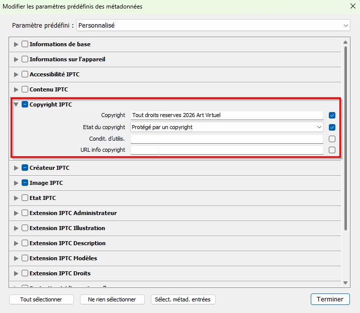 Paramètre prédéfini de métadonnées dans Lightroom Classic