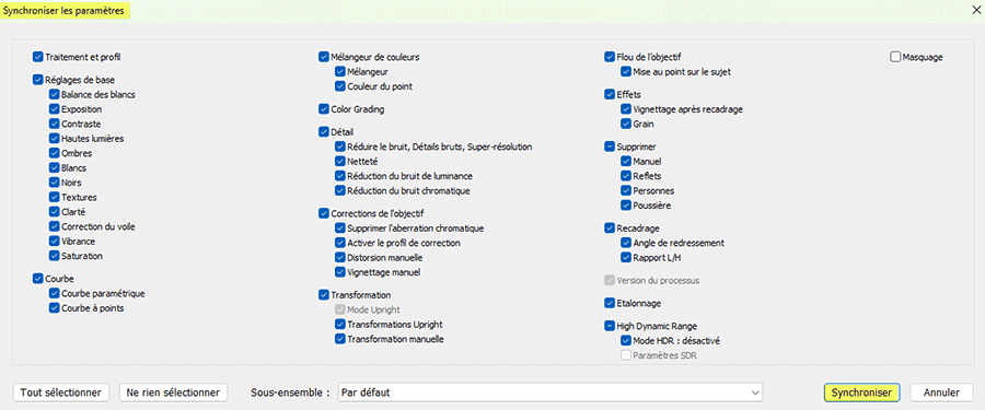 Synchroniser les paramètres de développement de Lightroom Classic