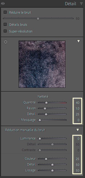 Valeurs par défaut du panneau Détail de Lightroom Classic