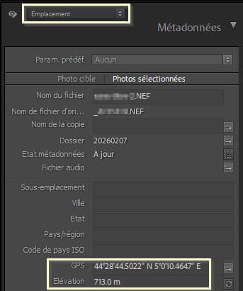 Métadonnées catégorie Emplacement GPS et élévation dans Lightroom Classic