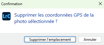 Supprimer les coordonnées GPS de la photo sélectionnées.