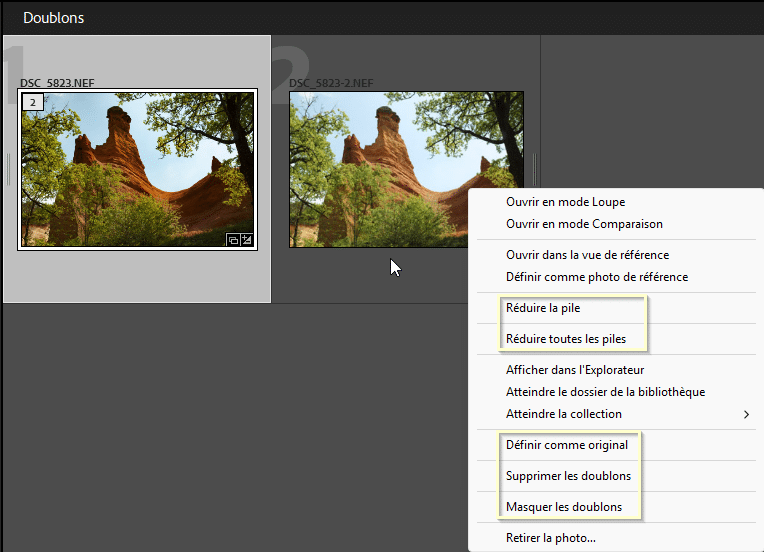 Clic droit sur une pile de doublons dans Lightroom Classic