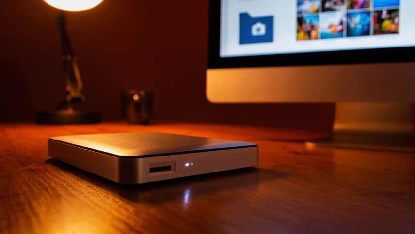 Disque dur externe utilisé pour sauvegarder des fichiers photographiques.