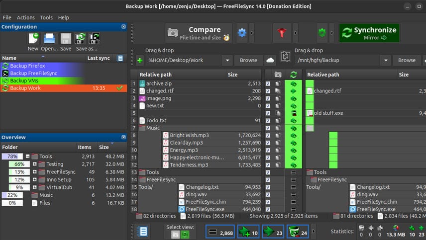 Interface de FreeFileSync comparant deux dossiers avant une synchronisation.
