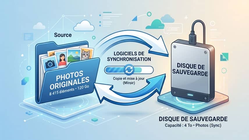 Synchronisation des fichiers entre un ordinateur, des fichiers et des dossiers photo et un disque de sauvegarde.